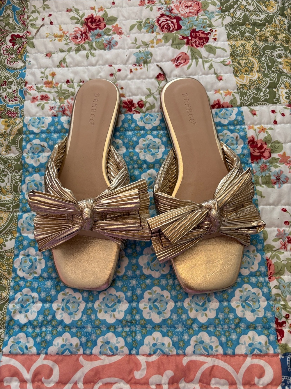 BAMBOO Gold Metallic Bow Slide Mules